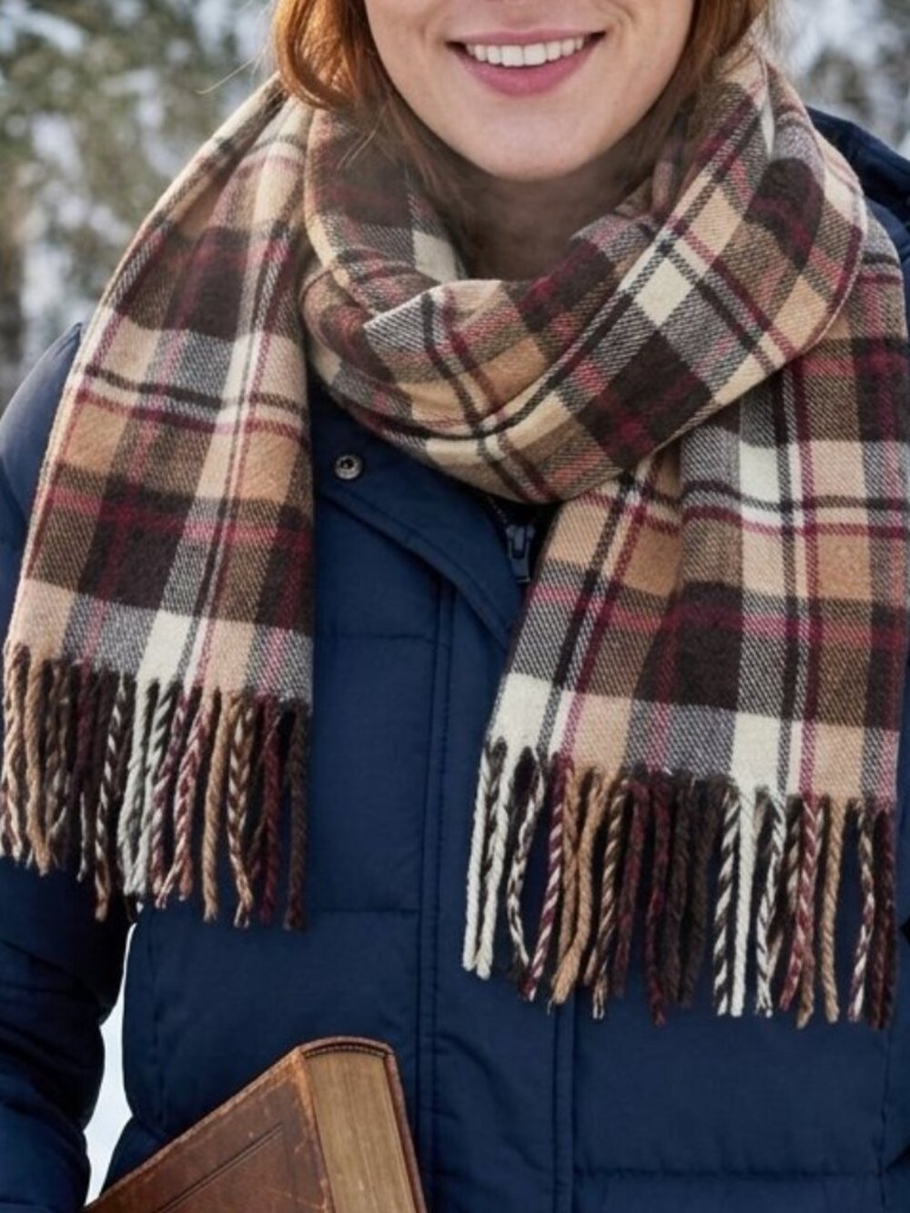 Wool Brown Plaid Shoulder Shawl Wrap Blanket Fringe Classic Scarf Neutral Tones